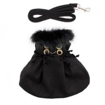 Wool Blend Black Faux Fur Collar Harness Dog Coat with matching Leash