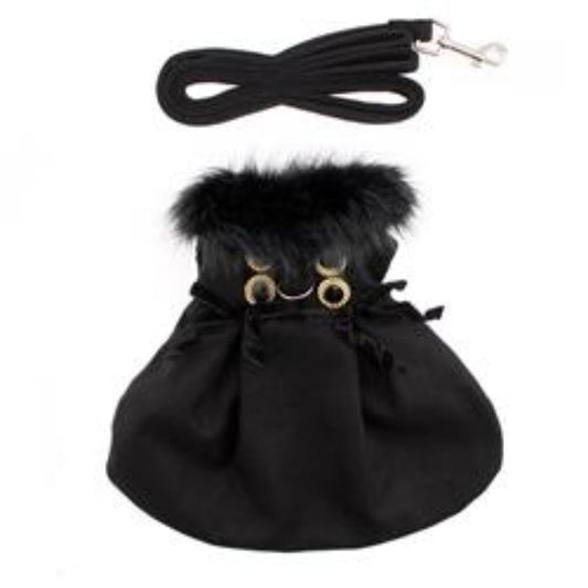 Wool Blend Black Faux Fur Collar Harness Dog Coat with matching Leash