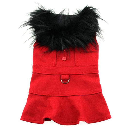 Wool Blend Red Faux Fur Collar Classic Dog Harness Coat with matching Leash