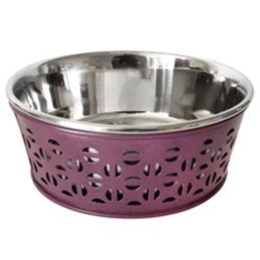 Plum Wine Farmhouse Metal Punchout Stainless Steel Dog Bowl - 16oz.