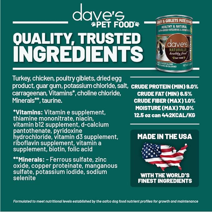 Wet Cat Food Turkey Giblets Pate 12.5 Oz Dave's Natural ✅