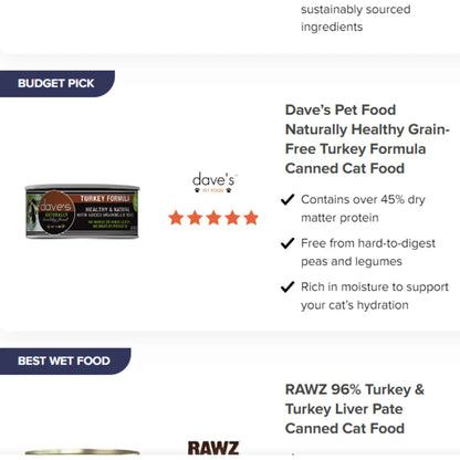 Dave's Naturally Healthy Grain Free Turkey Formula Wet Cat