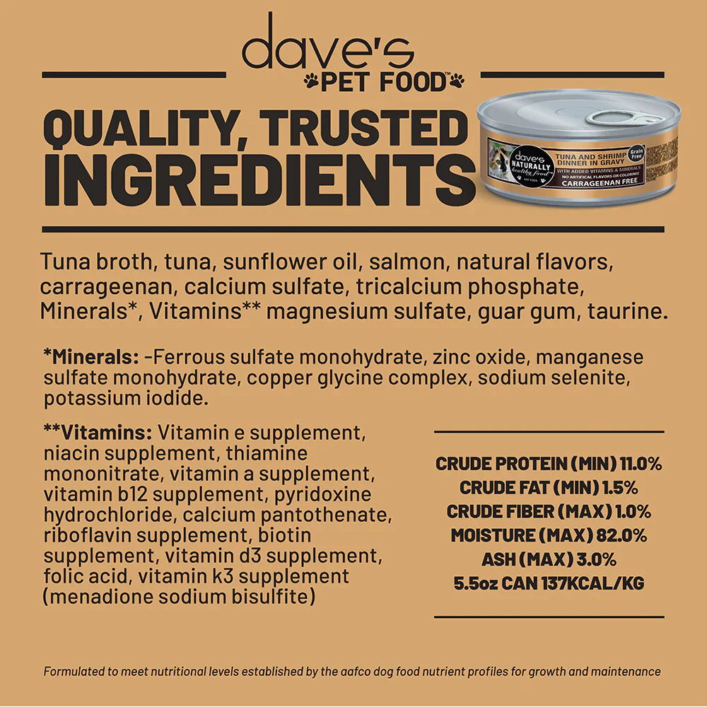 Dave's Naturally Healthy Grain Free Tuna & Shrimp Dinner in Gravy Wet Cate Food (5.5oz) - Wet Cat Food - The Family Pet