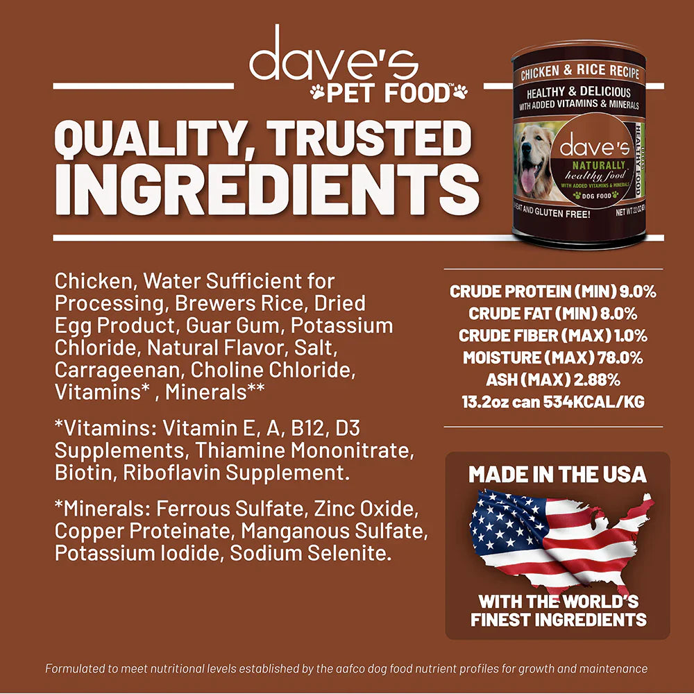 Wet Dog Food Chicken Rice Recipe 13.2 Oz Dave's Natural ✅