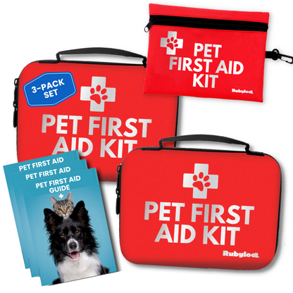 3-pack red pet first aid kit: 2 cases, 1 pouch, and guides for dogs and cats. Features white cross and paw logo.