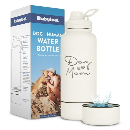 Purrfect Pet Kingdom Dog + Human Water Bottle with Detachable Dog Bowl (Cream-Dog Mom) - Premium Water Bottle