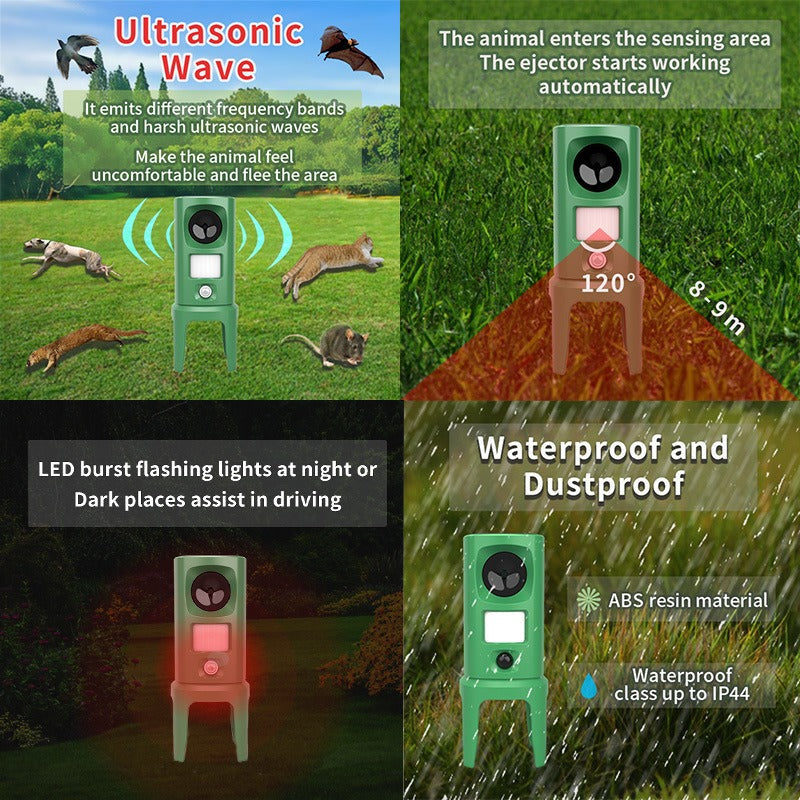 Solar mouse repeller, outdoor multi-floor cat repeller, LED explosion ultrasonic dog repeller