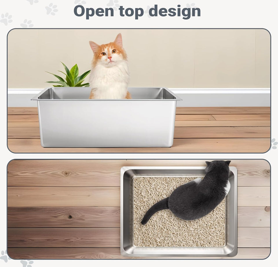 Open Box Kirecoo Stainless Steel Cat Litter Box XL- Metal High Sided Cat Pan, Large Stainless Steel Box, Indoor Litter Tray, Non Stick, No Smell, Easy