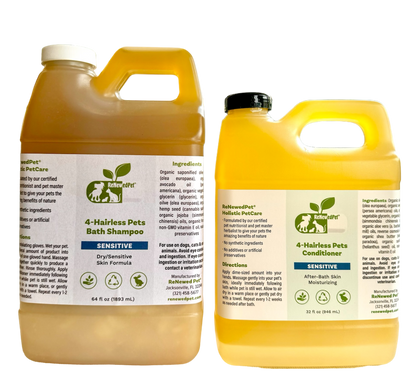 Two amber plastic jugs of Purrfect Pet Kingdom Organic Hairless Pet Shampoo and Conditioner for sensitive skin.