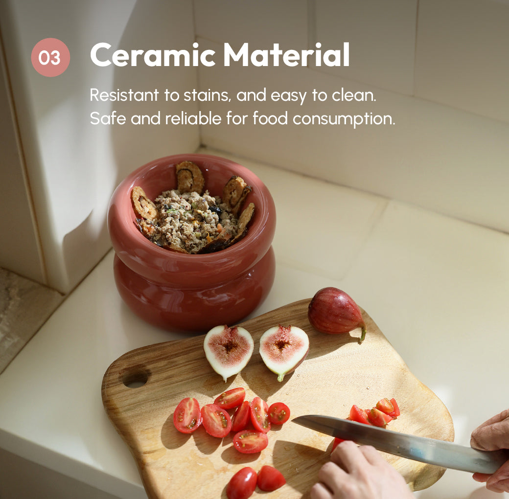 Purrfect Pet Kingdom ergonomic elevated ceramic bowl in dusty rose, filled with food on a white kitchen counter.