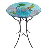 Outdoor Glass Bowl Bird Bath with Black Metal Stand and