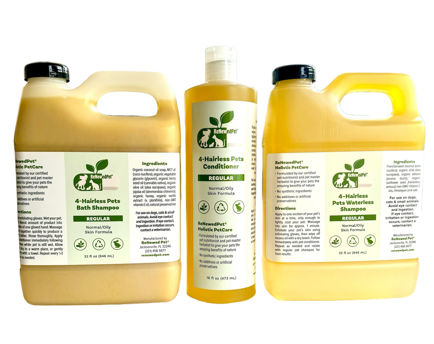 4 - HAIRLESS PETS REGULAR SHAMPOO, WATERLESS SHAMPOO & CONDITIONER KIT - 4 Nudie Pets - ReNewedPet