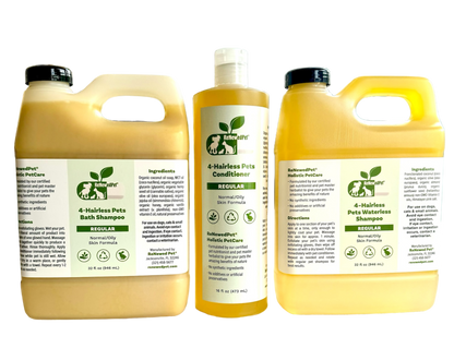 4 - HAIRLESS PETS REGULAR SHAMPOO, WATERLESS SHAMPOO & CONDITIONER KIT - 4 Nudie Pets - ReNewedPet
