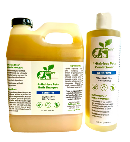 Purrfect Pet Kingdom hairless pet shampoo and conditioner duo in clear bottles with yellow liquid and organic labels.