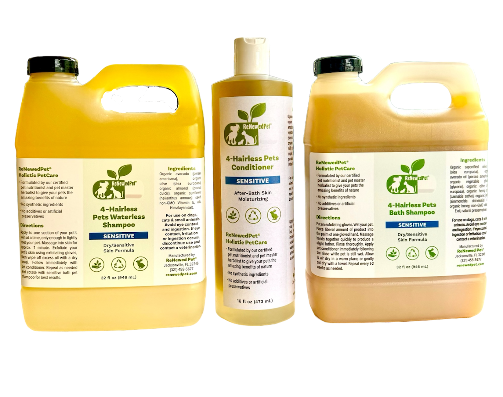 4 - HAIRLESS PETS SENSITIVE SHAMPOO, WATERLESS & CONDITIONER KIT - 4 Nudie Pets - ReNewedPet