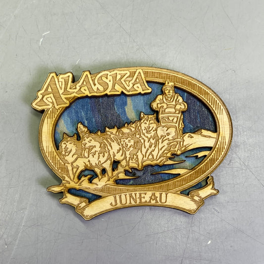 Z@ (2 PACK) Sled Dogs Laser Cut Wood Magnet Souvenir From JUNEAU, AK Made In USA
