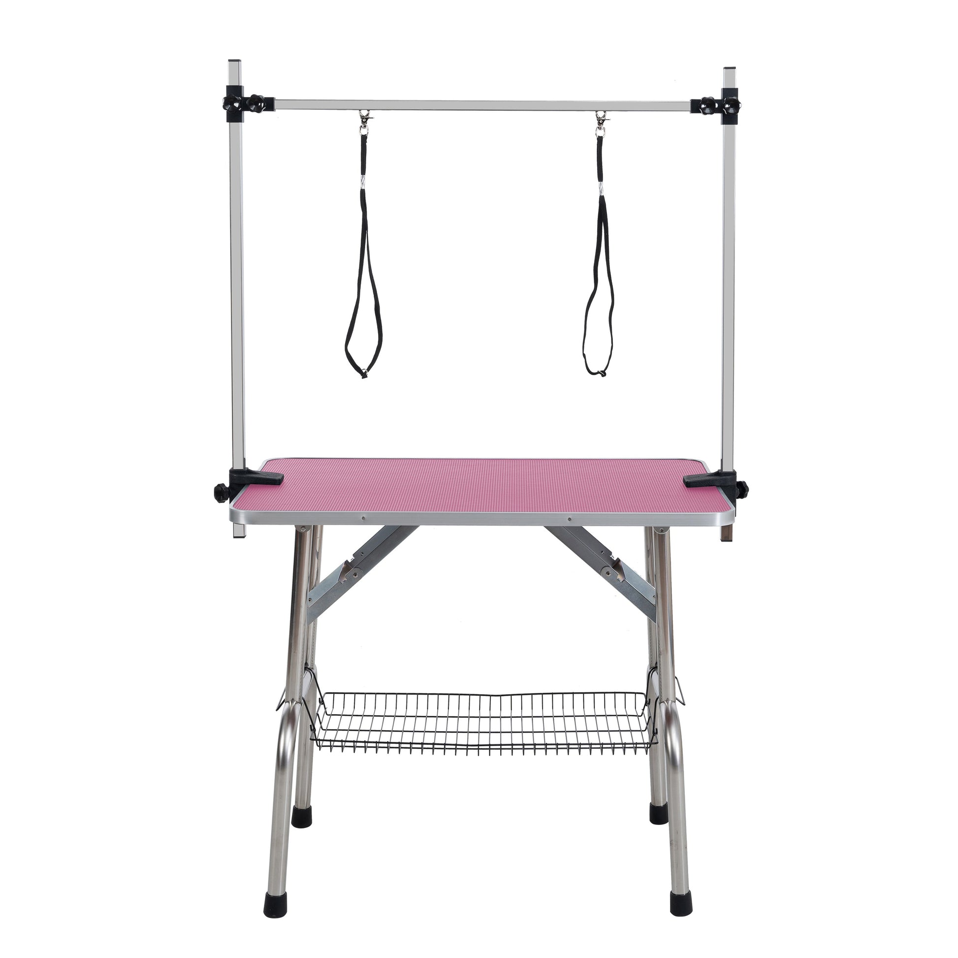 36 inch folding pet grooming table with stainless steel frame and rubber pad, equipped with adjustable armrests and clips (pink) - Purrfect Pet Kingdom