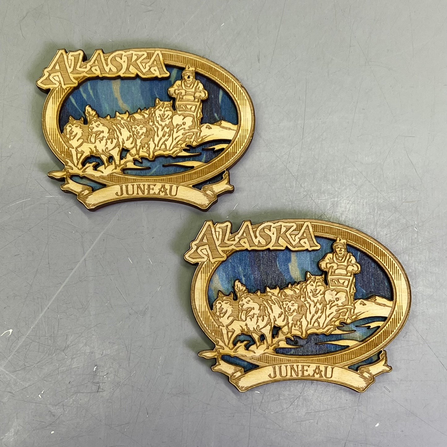 Z@ (2 PACK) Sled Dogs Laser Cut Wood Magnet Souvenir From JUNEAU, AK Made In USA