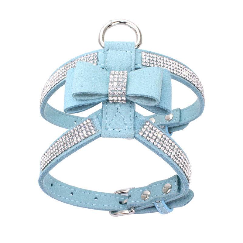Sparkling rhinestone bow pet chest strap, rhinestone dog chest strap, suede microfiber dog chain pet supplies