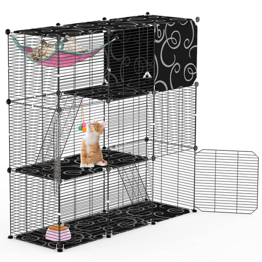 3-Tier Indoor Cat Cage w/ Hammock Ladder DIY Iron Playpen for Small Pets