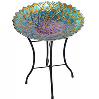 Round 18-inch Peacock Style Glass Mosaic Flower Birdbath
