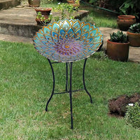 Round 18-inch Peacock Style Glass Mosaic Flower Birdbath