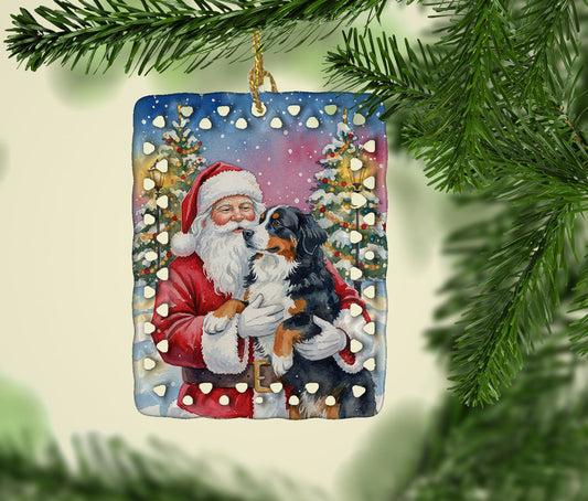 Bernese Mountain Dog with Santa Claus Porcelain Ornament
