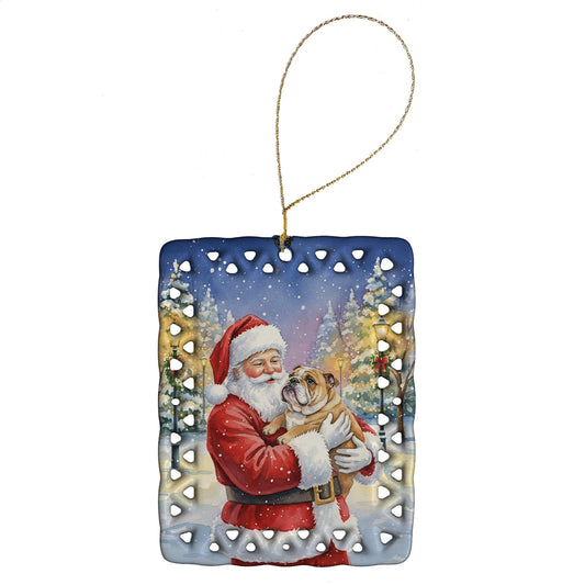 English Bulldog with Santa Claus Porcelain Ornament