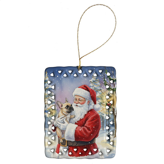 French Bulldog with Santa Claus Porcelain Ornament