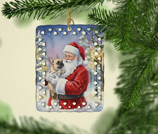 French Bulldog with Santa Claus Porcelain Ornament