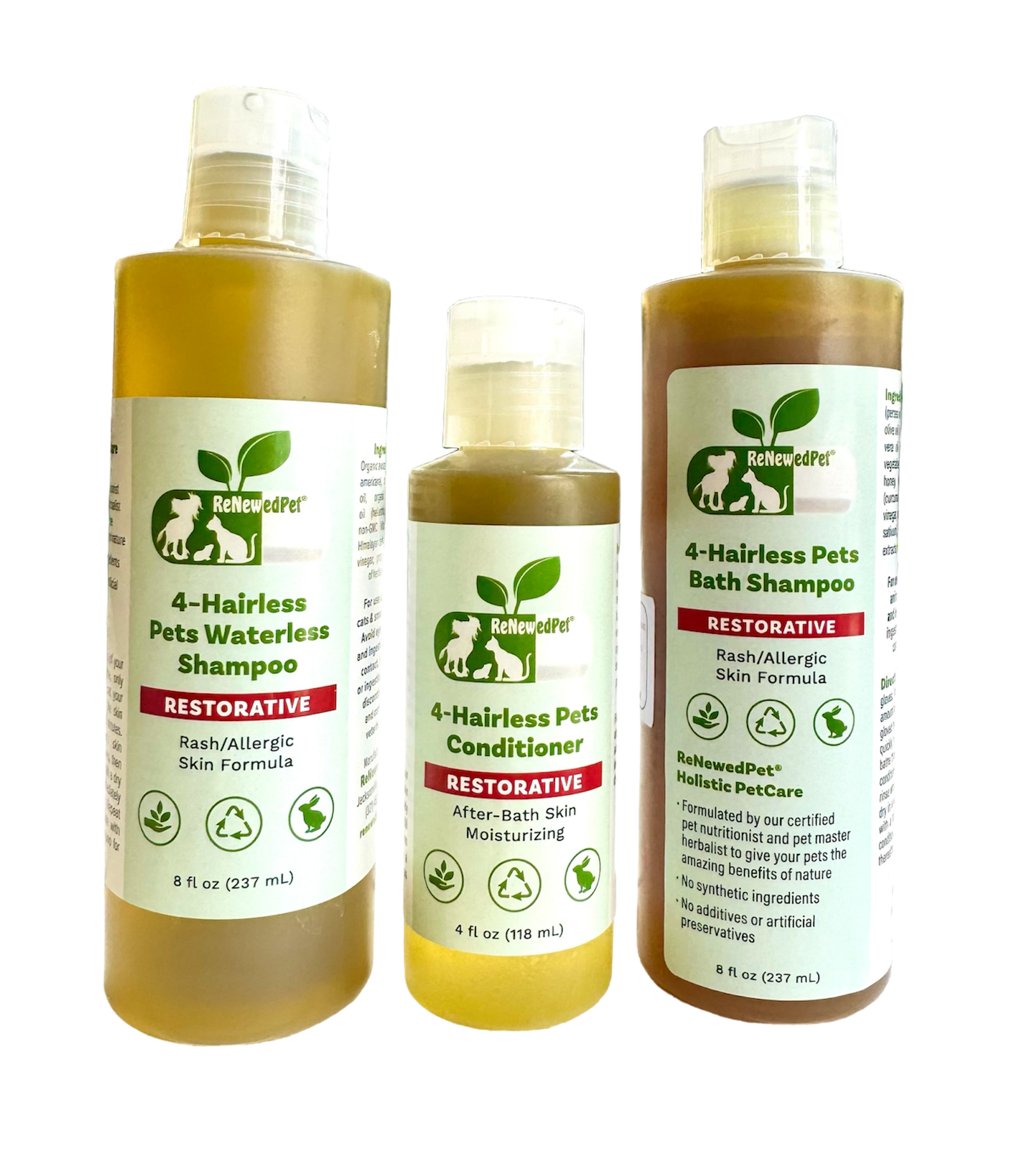 4 - HAIRLESS PETS RESTORATIVE SHAMPOO, WATERLESS & CONDITIONER - 4 Nudie Pets - ReNewedPet