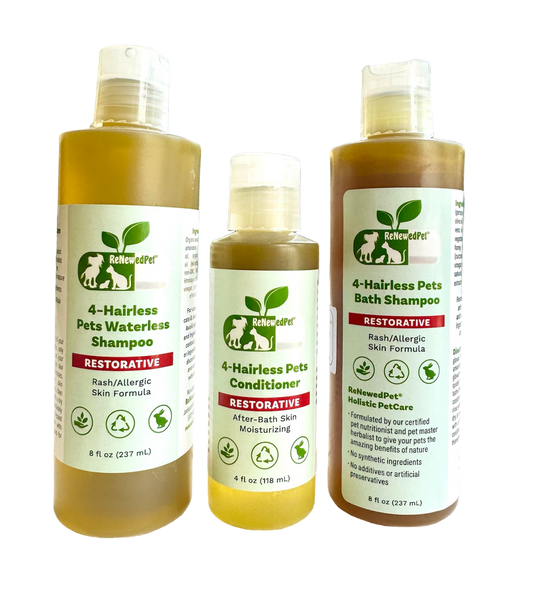 4 - HAIRLESS PETS RESTORATIVE SHAMPOO, WATERLESS & CONDITIONER - 4 Nudie Pets - ReNewedPet