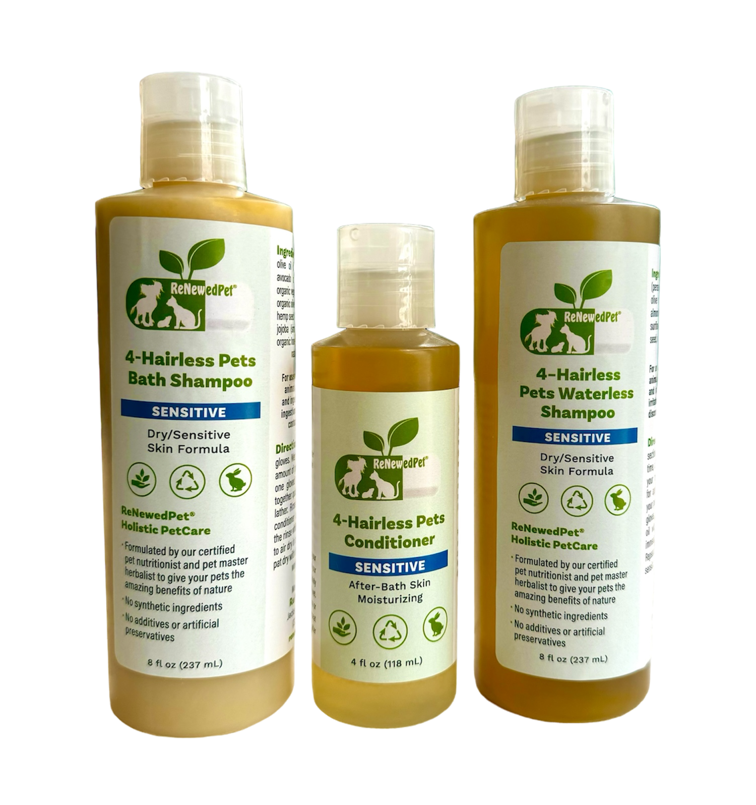 4 - HAIRLESS PETS SENSITIVE SHAMPOO, WATERLESS & CONDITIONER KIT - 4 Nudie Pets - ReNewedPet
