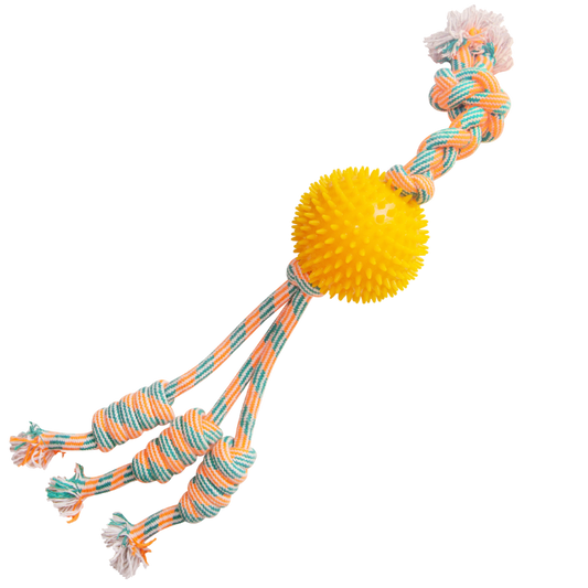 Feel'N Spikey Yellow Ball Rope Tug Dog Toy - 22"
