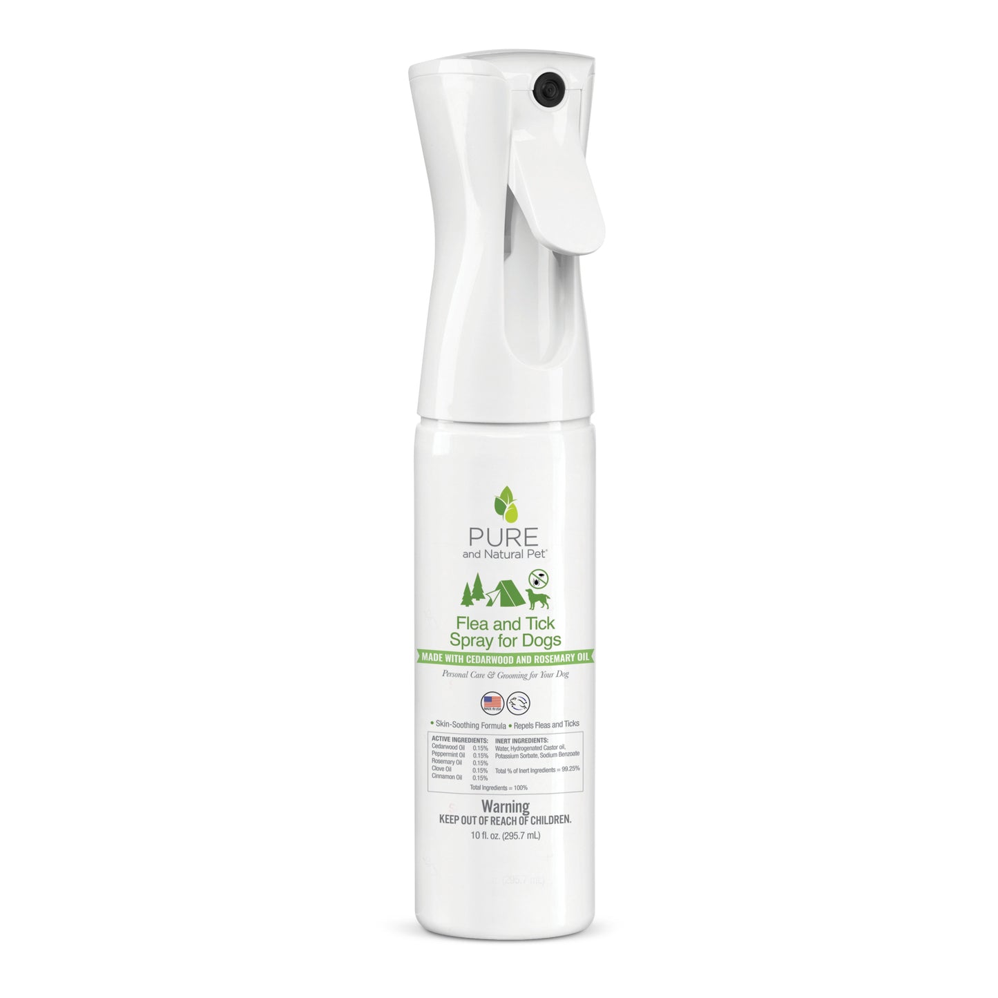 White Purrfect Pet Kingdom dog flea and tick spray bottle with green accents and plant-based oil ingredients.