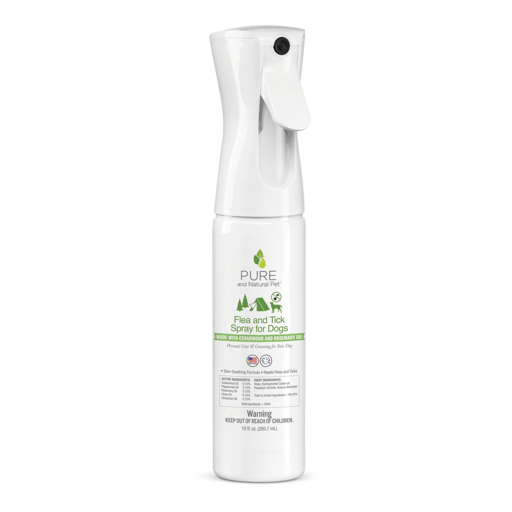 White Purrfect Pet Kingdom dog flea and tick spray bottle with green accents and plant-based oil ingredients.