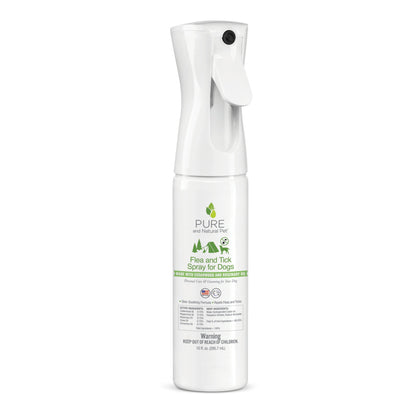 White Purrfect Pet Kingdom dog flea and tick spray bottle with green accents and plant-based oil ingredients.