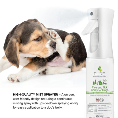 White Purrfect Pet Kingdom mist spray bottle with natural flea & tick oils misting a scratching brown and white puppy.