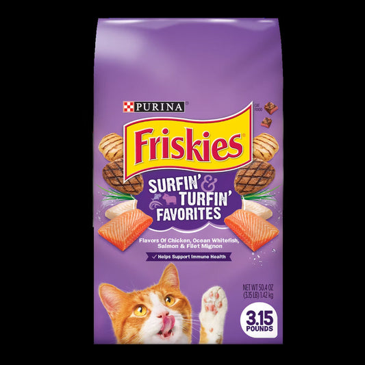 Friskies Surfin' & Turfin' Favorites With Flavors of Chicken, Ocean Whitefish, Salmon & Filet Mignon Dry Cat Food - Friskies Dry Cat Food - The Family Pet
