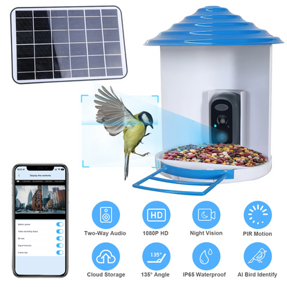 Smart Bird Feeder with Solar Powered Camera 1080P HD AI Identify PIR Motion Auto Capture Video Cloud Card Storage WiFi Connection App Control IP65 Wat