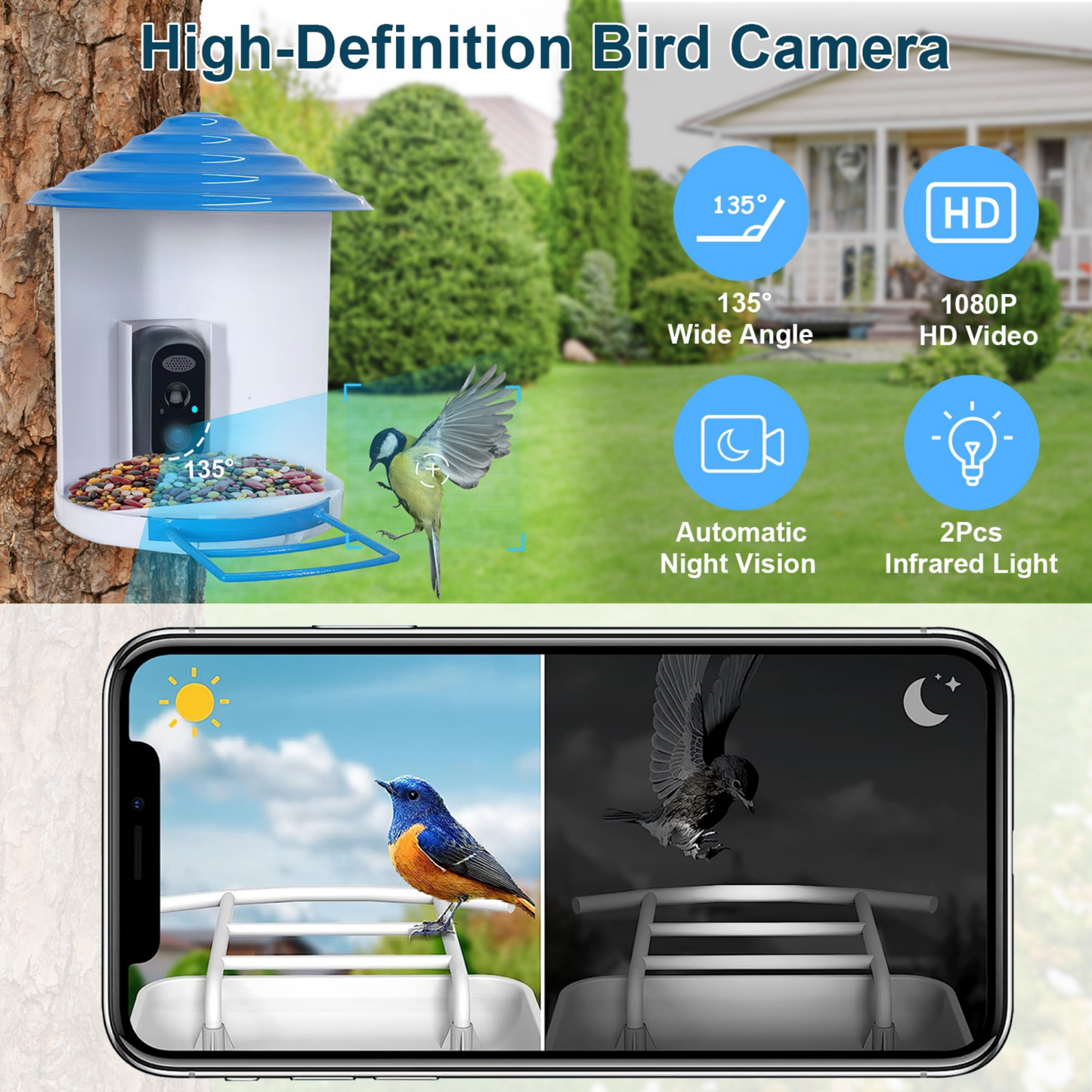 Smart Bird Feeder with Solar Powered Camera 1080P HD AI Identify PIR Motion Auto Capture Video Cloud Card Storage WiFi Connection App Control IP65 Wat