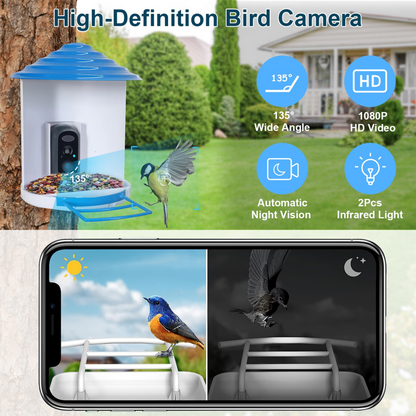 Smart Bird Feeder with Solar Powered Camera 1080P HD AI Identify PIR Motion Auto Capture Video Cloud Card Storage WiFi Connection App Control IP65 Wat