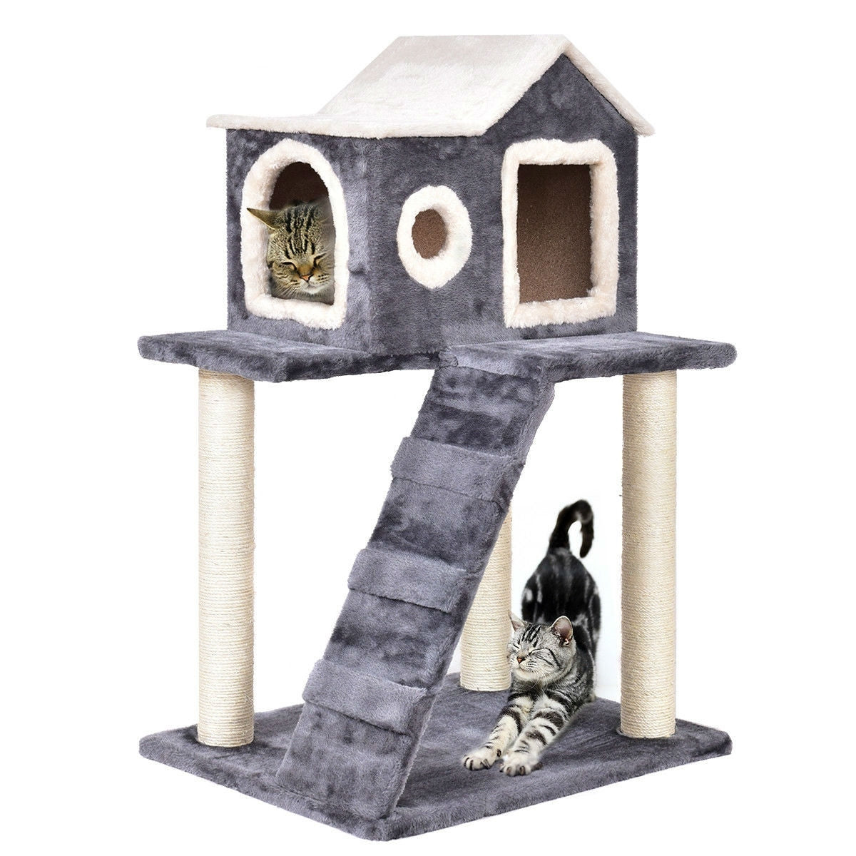 Gray 36 Inch Tower Condo Scratching Post Ladder Cat Tree House - Bedroom > Cat and Dog Beds - HomePacific