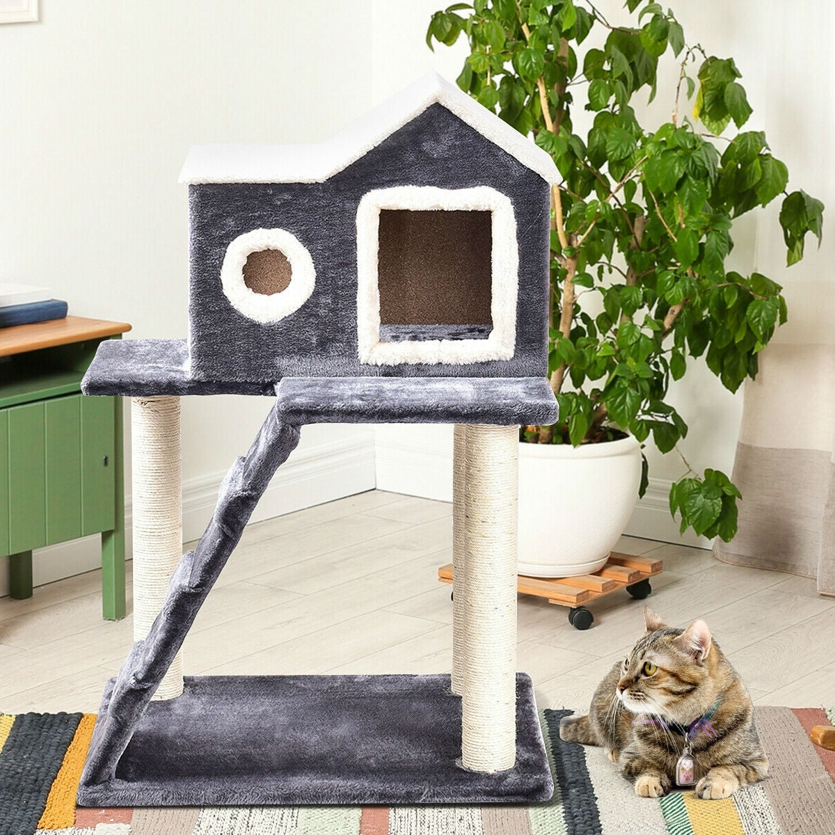 Gray 36 Inch Tower Condo Scratching Post Ladder Cat Tree House - Bedroom > Cat and Dog Beds - HomePacific
