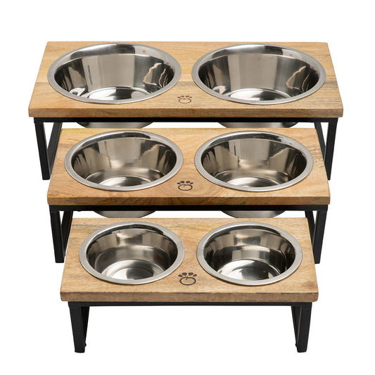 Premium Elevated Mango Wood and Metal Pet Bowl Feeder Stand