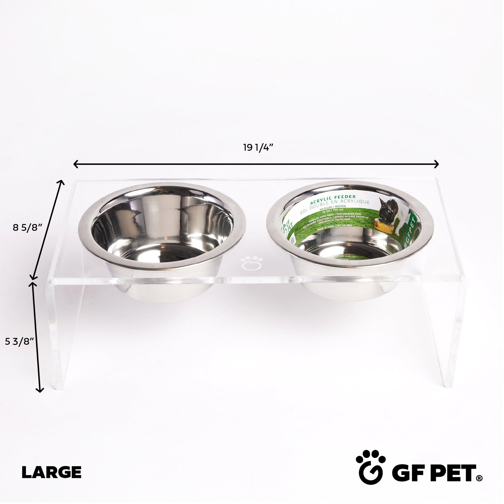GF Pet large modern clear acrylic elevated double feeder with two stainless steel bowls and dimensions.