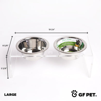 GF Pet large modern clear acrylic elevated double feeder with two stainless steel bowls and dimensions.