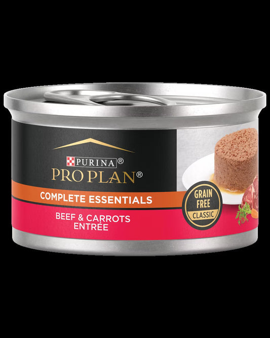 Can of Purina Pro Plan Complete Essentials Beef & Carrots Entree on a white background