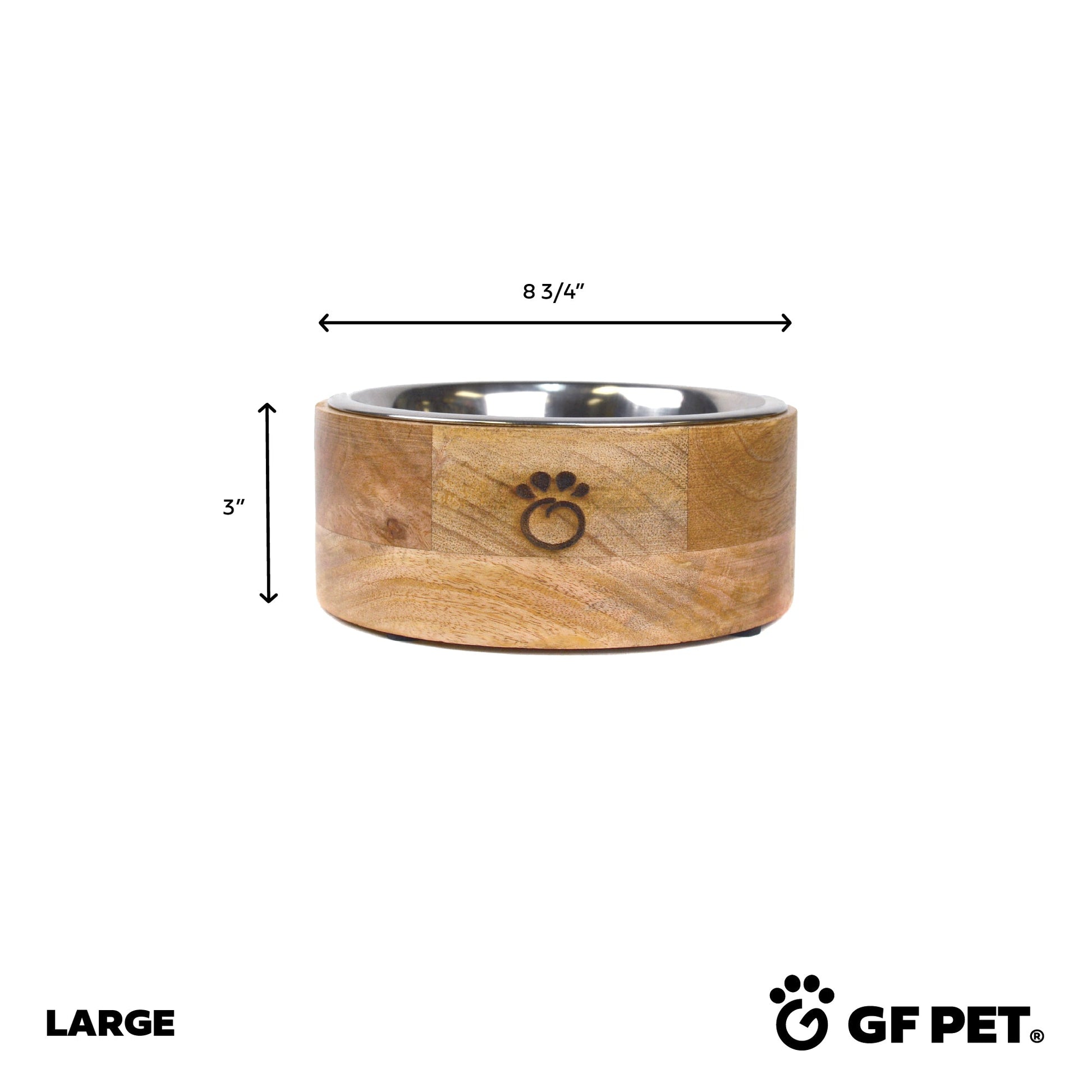 Elevated single mango wood pet feeder with stainless steel bowl, natural wood grain, paw logo. Dimensions: 8 3/4" x 3".