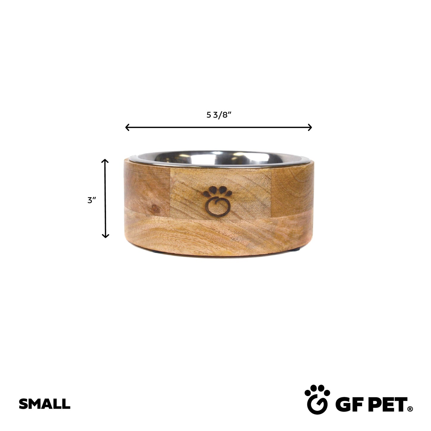 Purrfect Pet Kingdom small mango wood elevated feeder with stainless steel bowl. Dimensions: 3" H x 5 3/8" W.